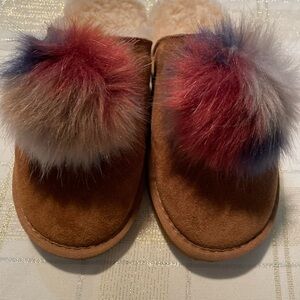 BearPaw Alexia Suede Cozy Brown Slipper Multicolor Pom Poms Size 8